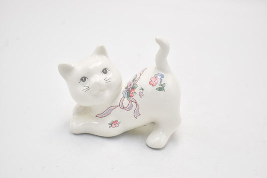 Vintage St Michael 1988 White Ceramic Floral Design Cat Figurine Statue Ornament