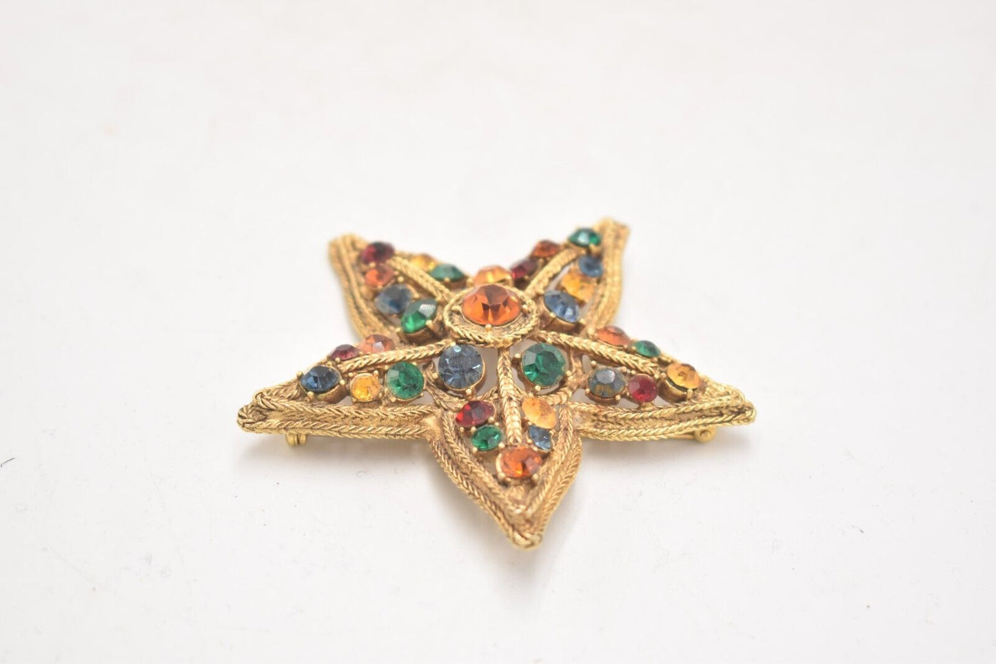 Vintage 1950s La Roco Star Brooch Colourful Jewel Tone Rhinestones Gold tone