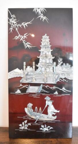 Vintage Chinese Hardwood Wall Plaque Mother Of Pearl Inlay Fisherman Theme