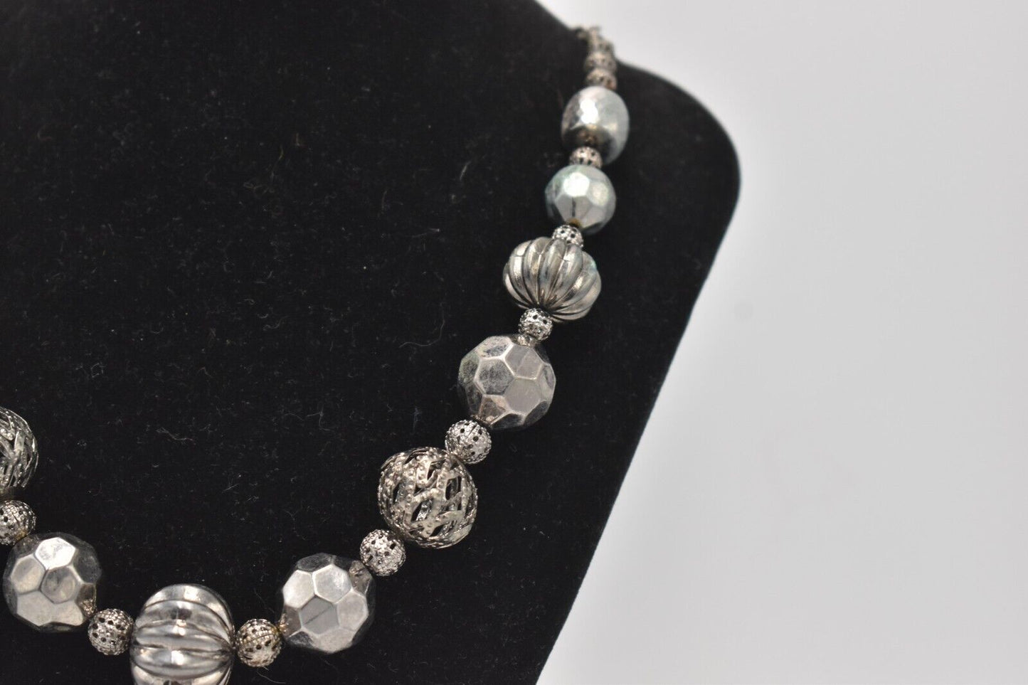 Vintage Retro Oversized Grey & Silver Tone Beaded Necklace Costume Jewellery