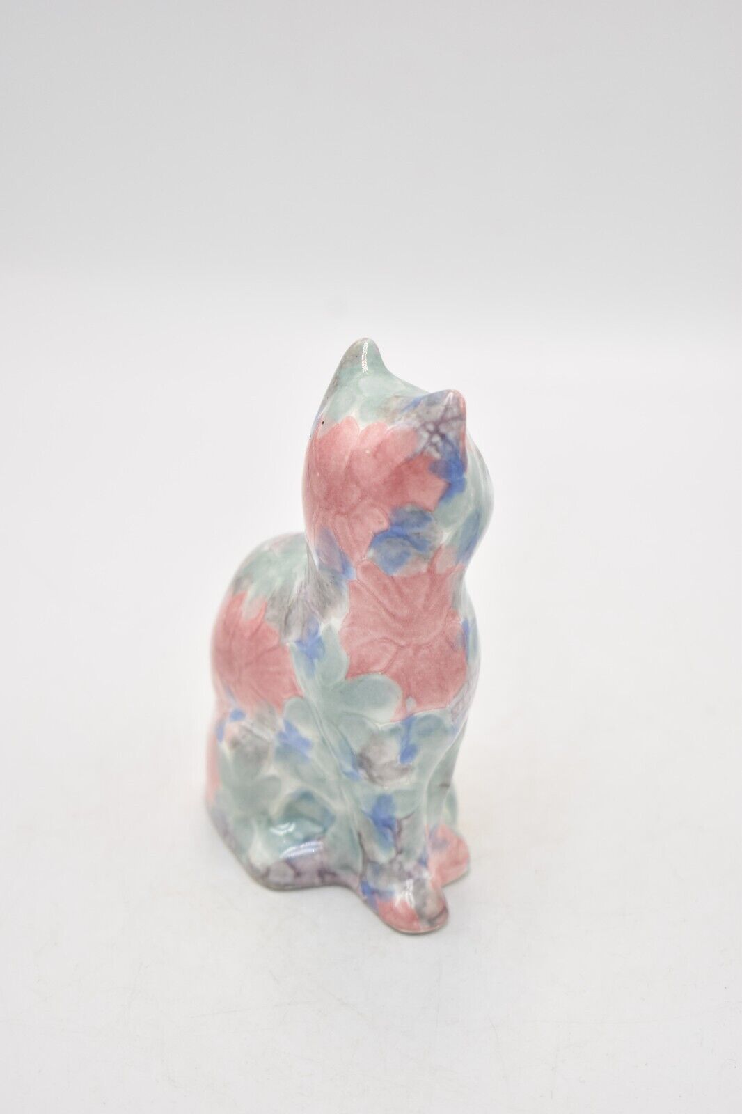 Park Rose Ceramic Cat Ornament Bridlington Pottery Blue Green Pink Floral