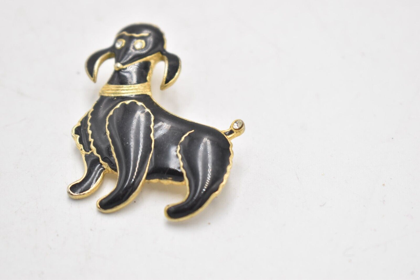 Vintage Black and Gold Tone Poodle Dog Brooch with Rhinestone Eyes