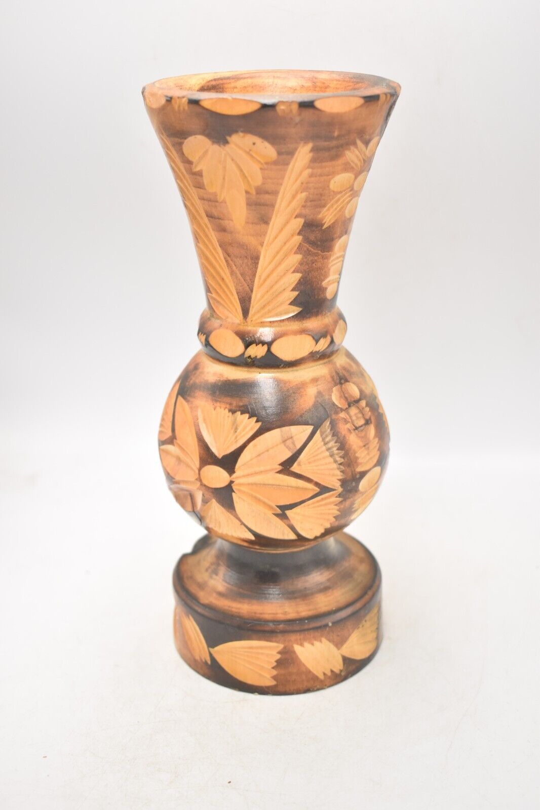 Vintage Wooden Trumpet Vase 25cm Hand Carved Decorative