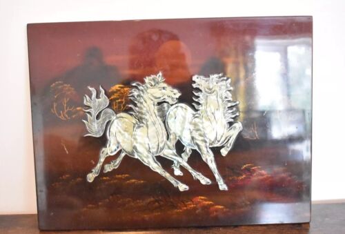 Vintage Chinese Hardwood Wall Plaque Mother Of Pearl Inlay Wild Horse Theme