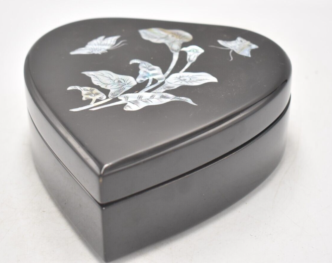 Vintage Black Lacquer Heart Shaped Mother of Pearl Jewellery Box Trinket Box