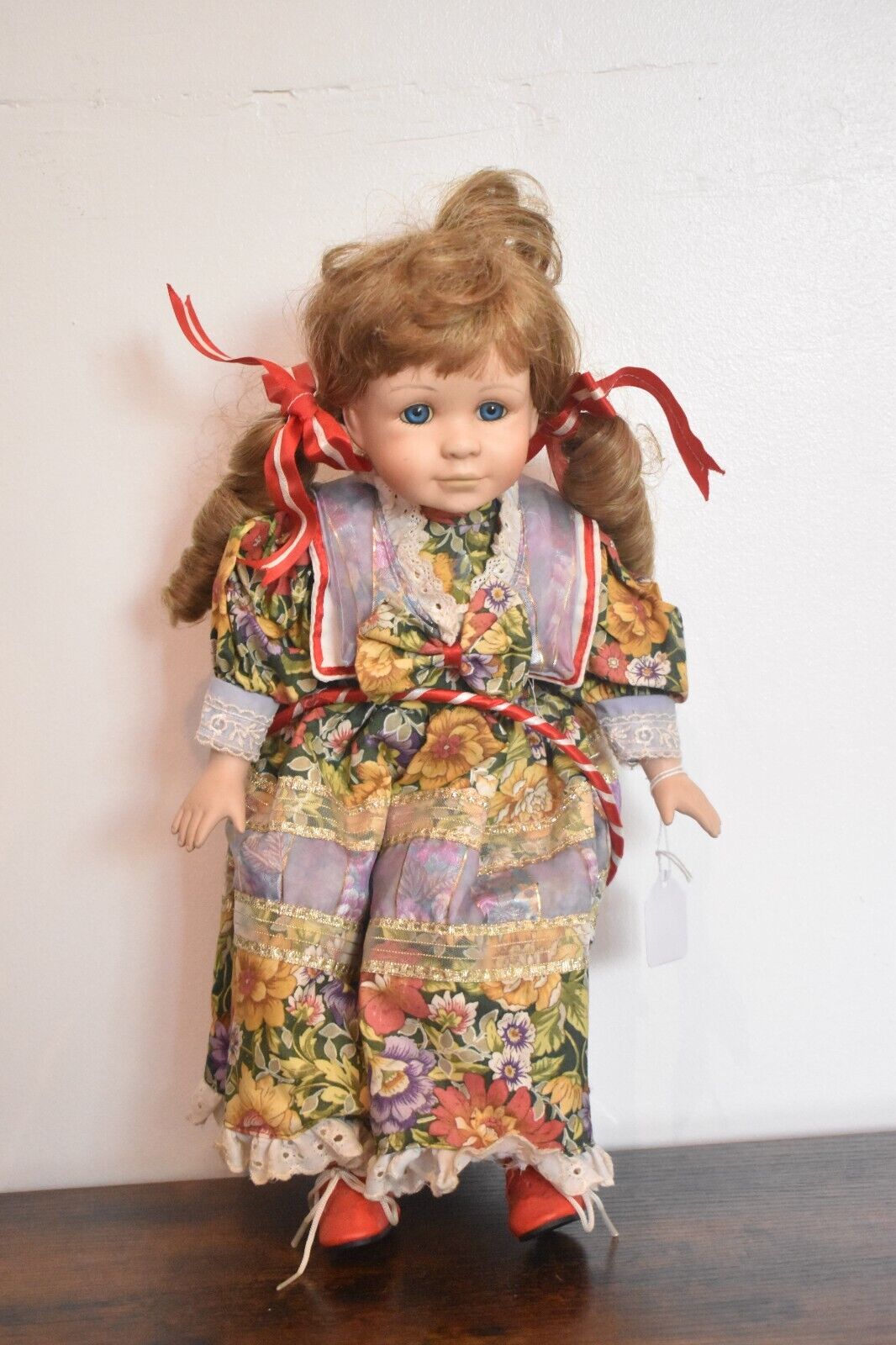 Vintage Porcelain Doll Hula Hooping Blonde Hair, Blue Eyes and Floral Dress