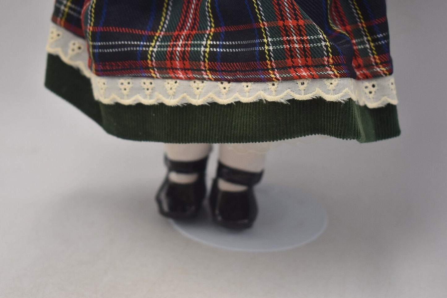 Vintage Porcelain Doll with Ginger Hair, Green Eyes & Tartan Dress (30cm)