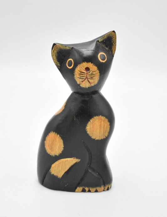 Vintage Wooden Black Cat Figurine Statue Ornament