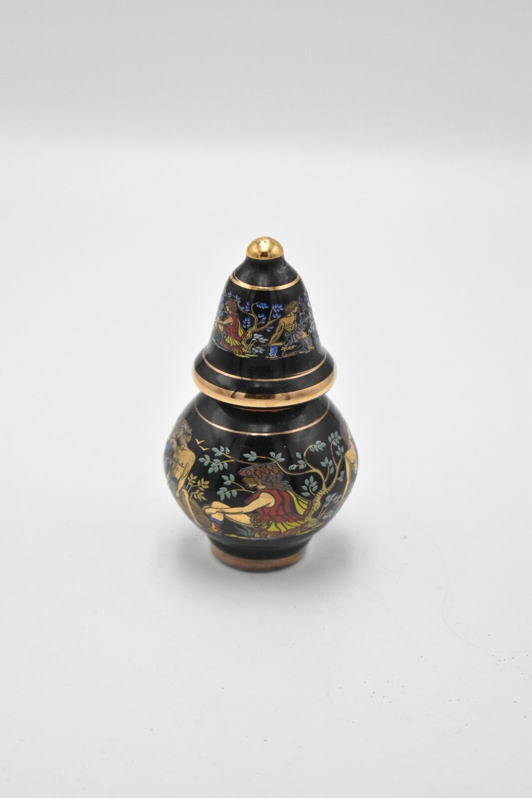 Vintage Painted Enamel Decorative Perfume Bottle Greek Mythology Black