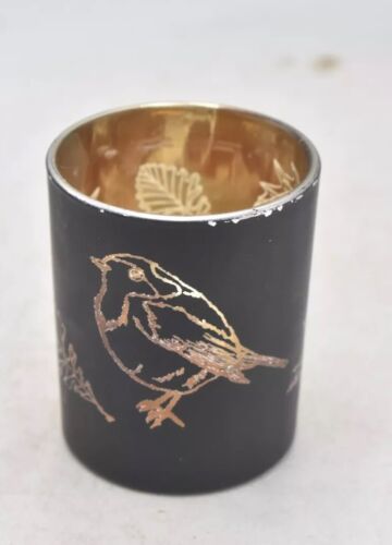 Vintage Art Glass Black and Gold Robin Bird Tealight Candle Holder