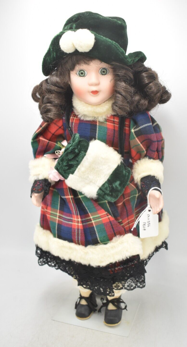 Vintage Porcelain Doll Brown Hair, Green Eyes and Tartan Dress