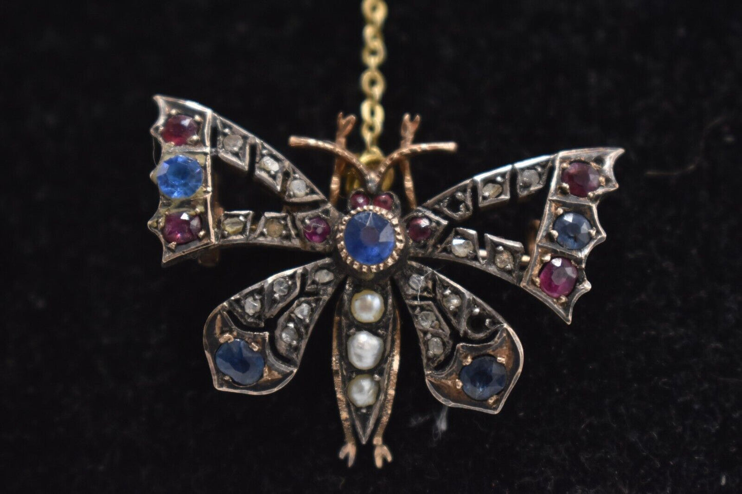 Antique Victorian 9ct Gold Butterfly Brooch with Diamonds, Sapphires, Rubies