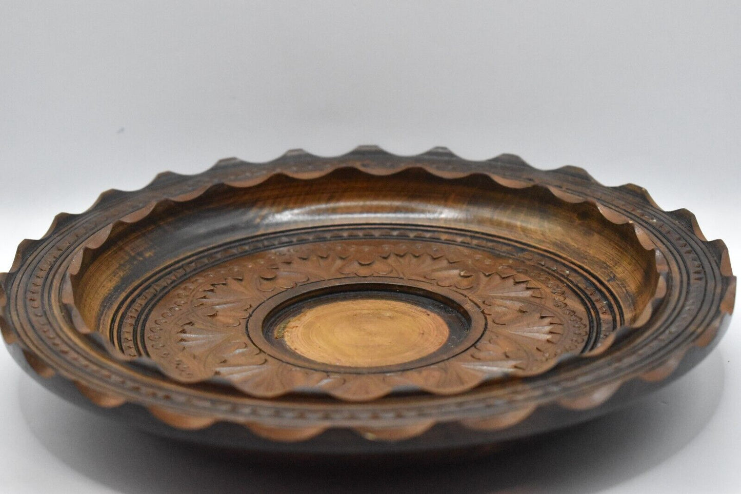 Vintage Hand Carved Wooden Bowl Retro Rustic Wood Plate Trinket Dish Key Tidy