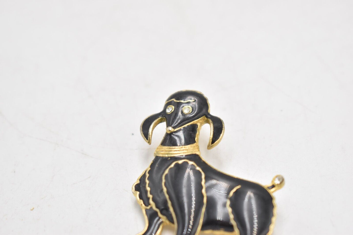 Vintage Black and Gold Tone Poodle Dog Brooch with Rhinestone Eyes