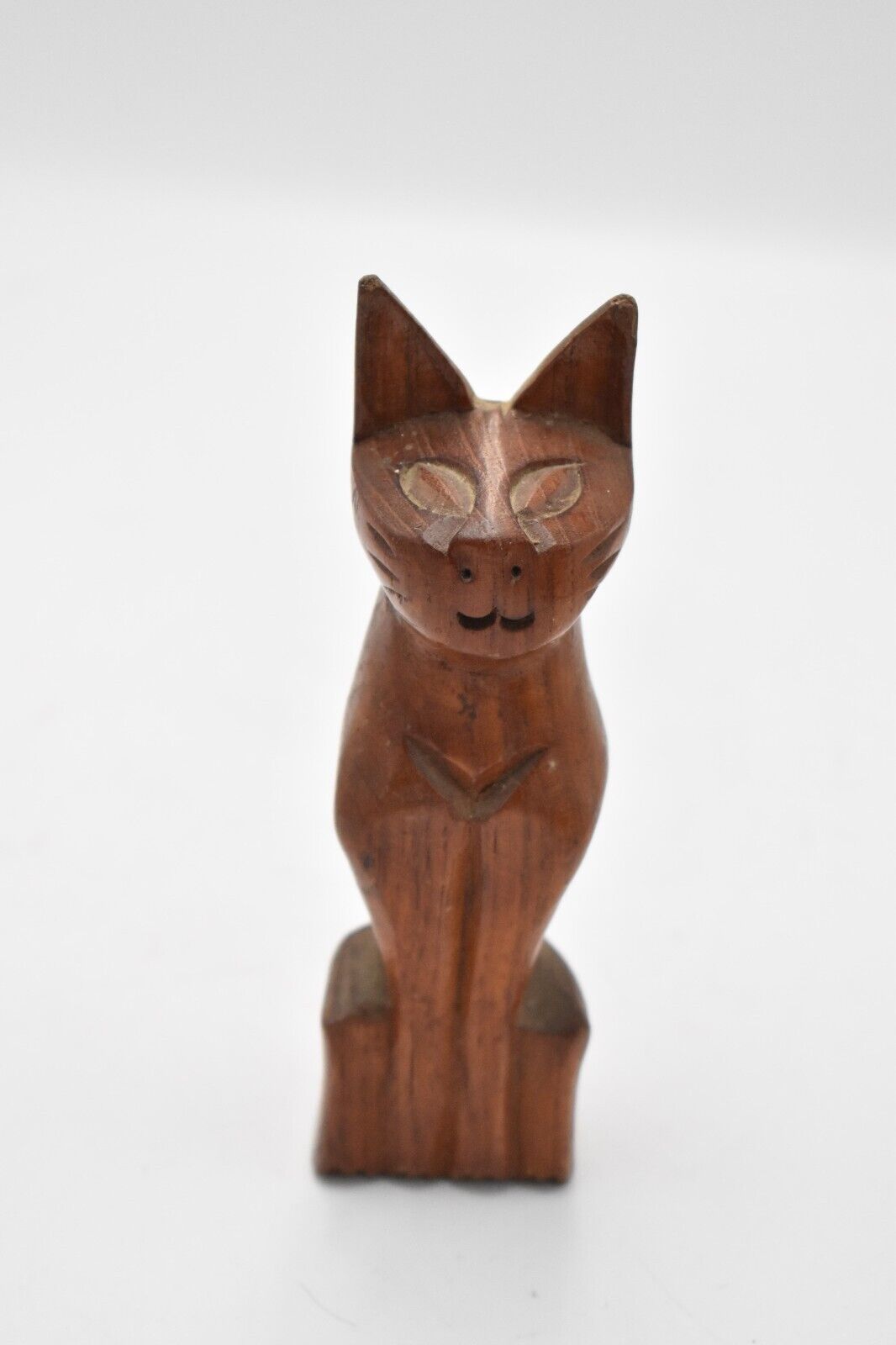 Vintage Hand Carved Wooden Cat Figurine Statue Ornament