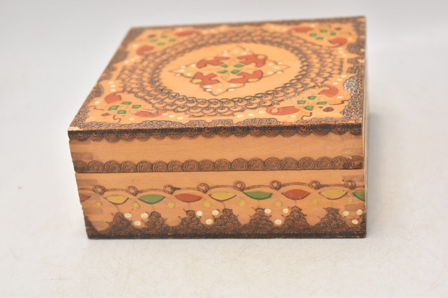 Vintage Bulgarian Hand Painted Pyrographed Jewellery Box, Trinket Box