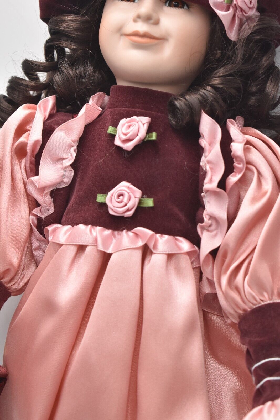 Vintage Porcelain Doll Brown Hair, Brown Eyes and Pink Silk Dress