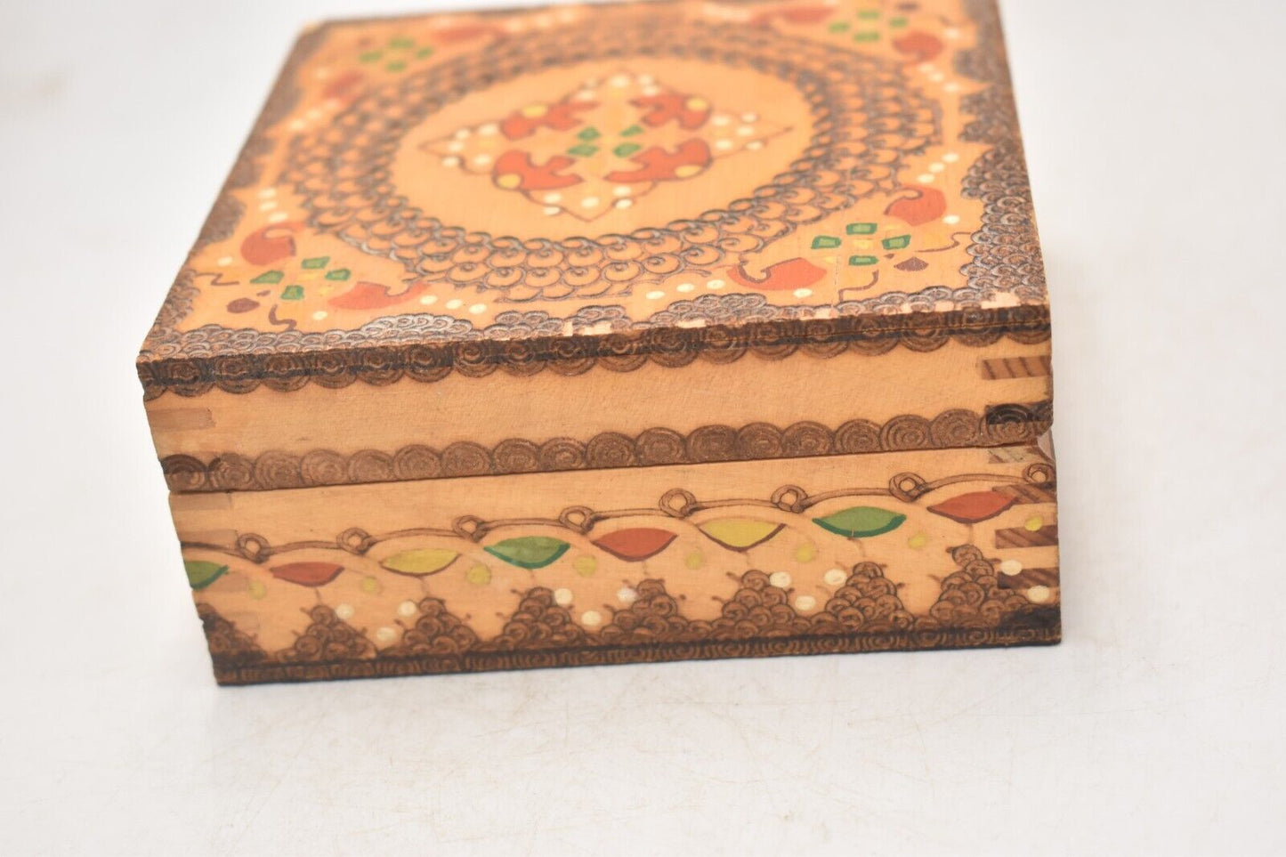 Vintage Bulgarian Hand Painted Pyrographed Jewellery Box, Trinket Box