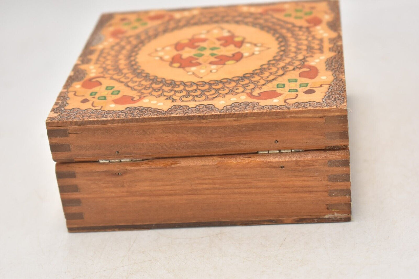 Vintage Bulgarian Hand Painted Pyrographed Jewellery Box, Trinket Box