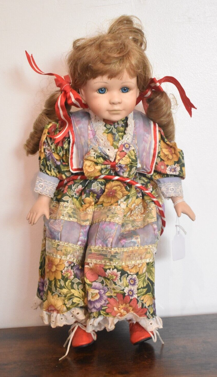 Vintage Porcelain Doll Hula Hooping Blonde Hair, Blue Eyes and Floral Dress