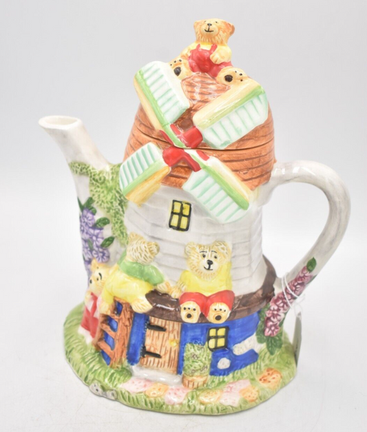 Vintage Teddy Bears in a Windmill Teapot Novelty Decorative Collectible