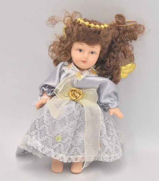 Vintage Porcelain Doll Angel Christmas Tree Decoration Blue Dress