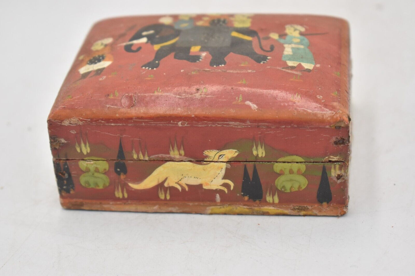 Vintage Handmade Wooden Box with Elephant Scene Storage Box/ Trinket Box