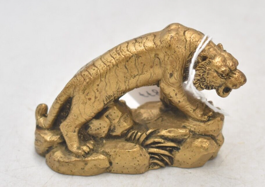 Vintage Gold Tone Tiger on a Rock Figurine Statue Oranment Decorative