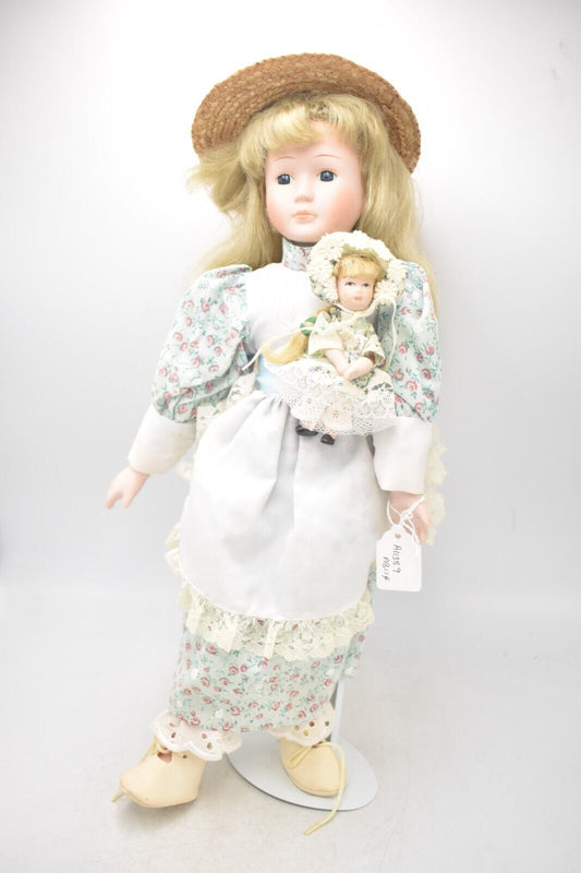 Vintage Porcelain Doll and Baby Doll Blonde Hair, Blue Eyes and Blue Dress