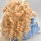 Vintage Porcelain Doll With Teddy Bear Blonde Hair, Blue Eyes and Blue Silk Dres