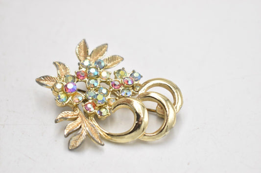 Vintage Gold Tone Aurora Borealis Rhinestone Floral Brooch - Costume Jewellery