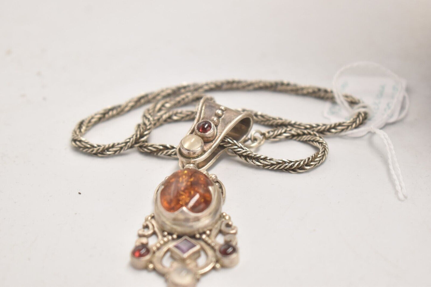 Vintage Surati Sterling Silver 925 Necklace with Amber Stone in Silver Setting