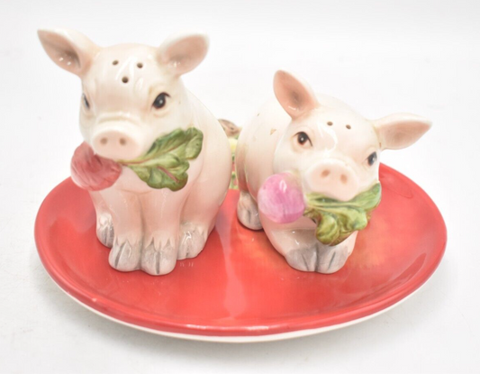 Vintage Fitz and Floyd French Market Pig Salt & Pepper Shakers with Tomato Tray