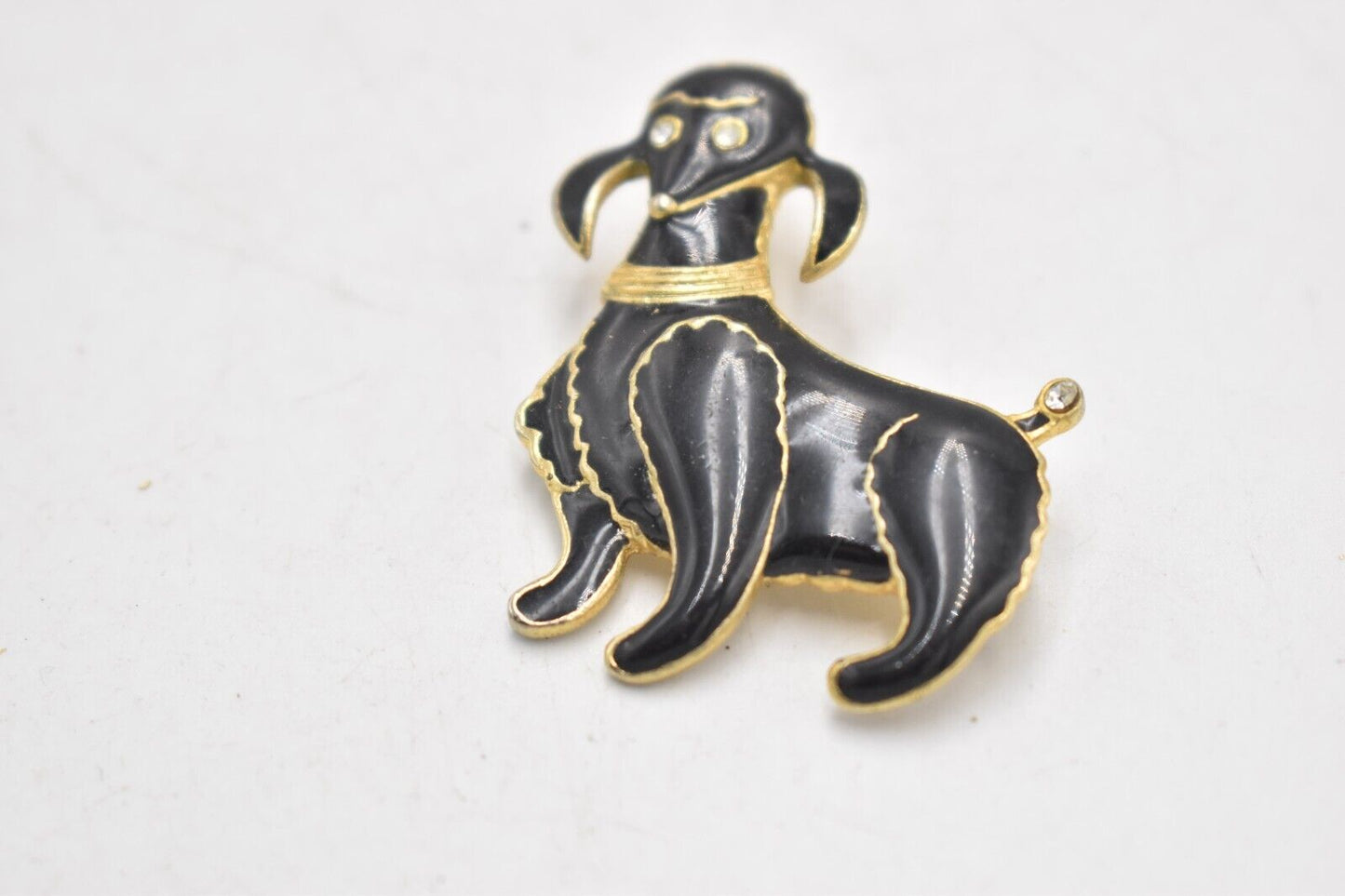 Vintage Black and Gold Tone Poodle Dog Brooch with Rhinestone Eyes