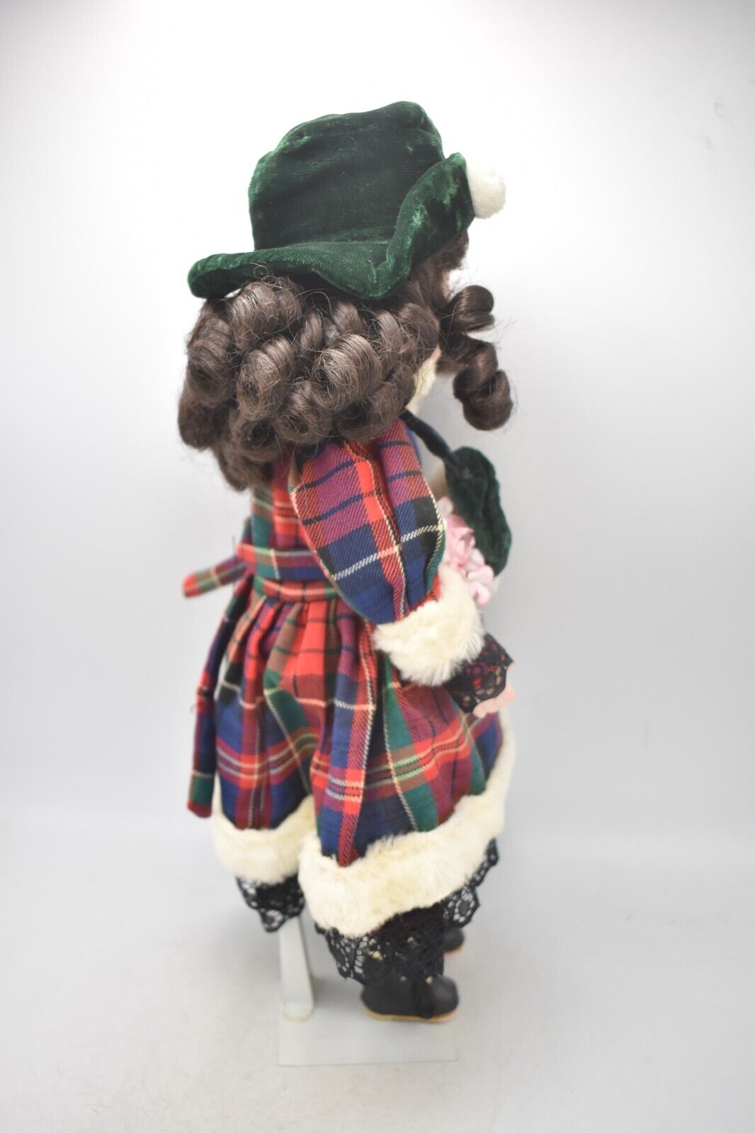 Vintage Porcelain Doll Brown Hair, Green Eyes and Tartan Dress