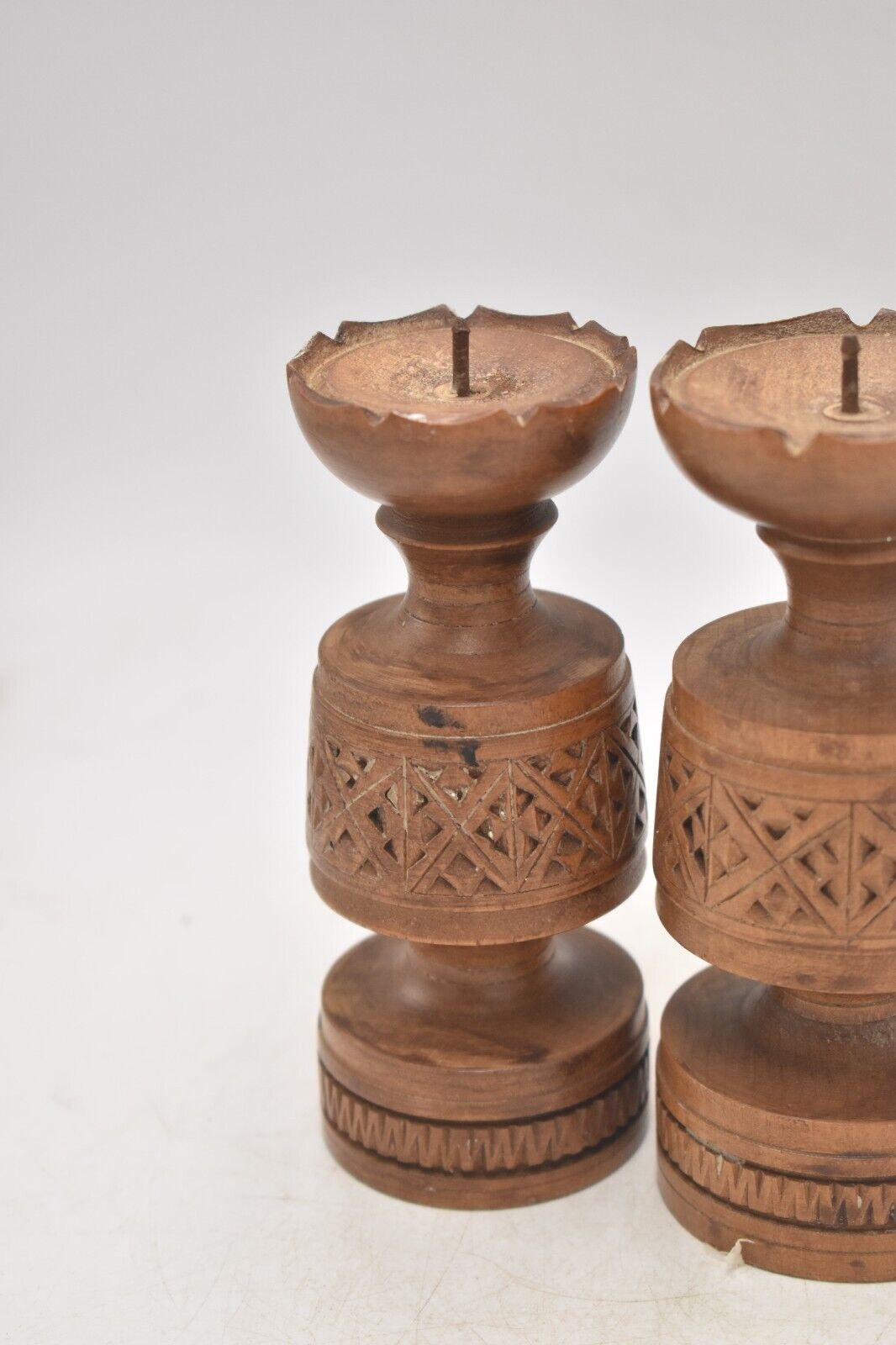 Vintage Rustic Set of 2 Wooden Tealight Holders Handcarved Decorative