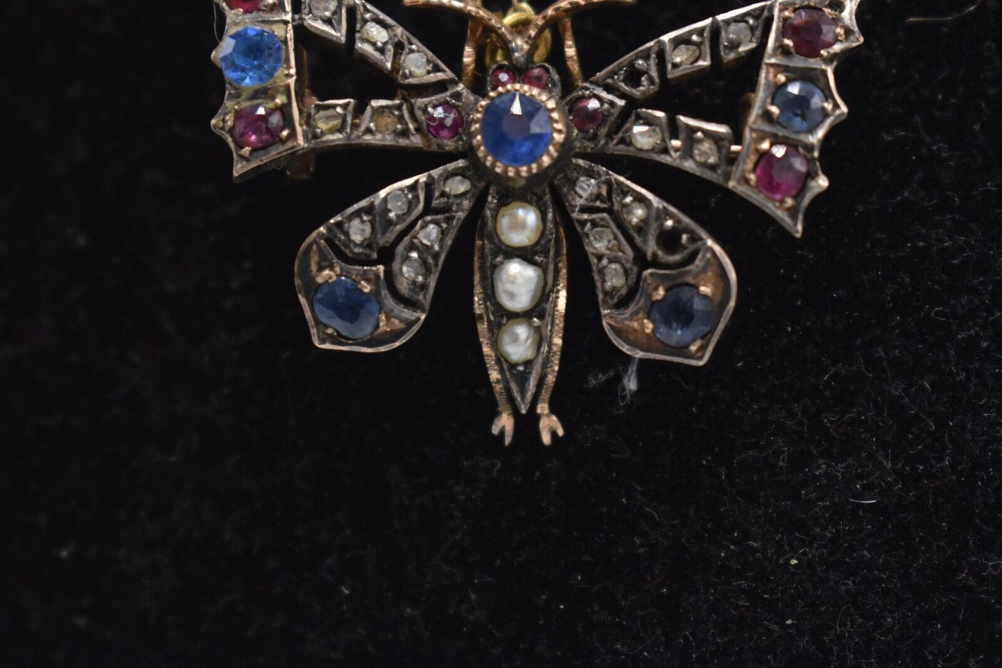 Antique Victorian 9ct Gold Butterfly Brooch with Diamonds, Sapphires, Rubies