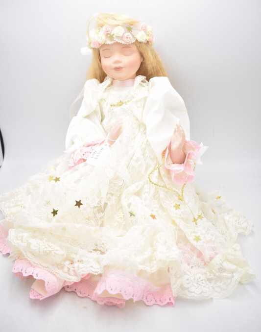 Vintage Porcelain Doll Little Girl Praying Blonde Hair and White Dress Religious