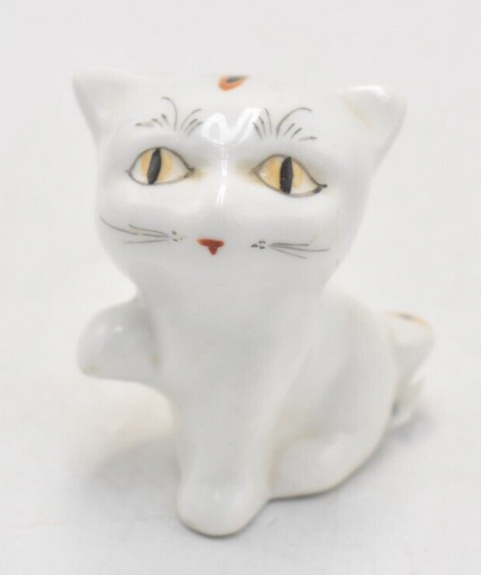 Vintage Ceramic White, Black & Yellow Cat Figurine Statue Ornament Hand Painted