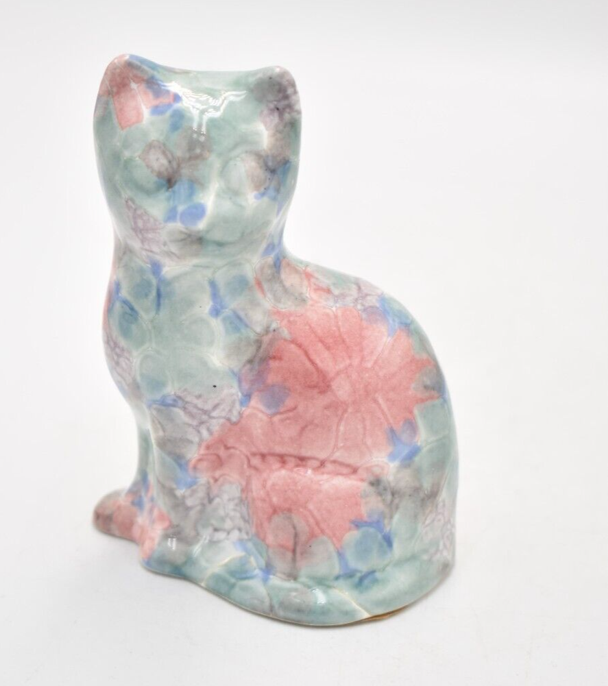 Park Rose Ceramic Cat Ornament Bridlington Pottery Blue Green Pink Floral