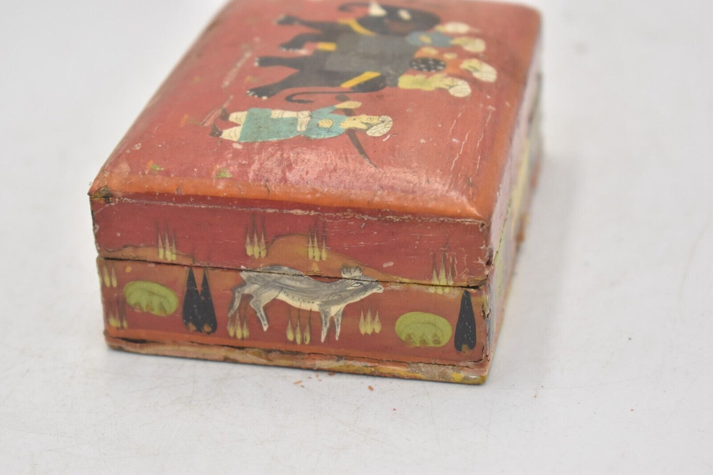 Vintage Handmade Wooden Box with Elephant Scene Storage Box/ Trinket Box