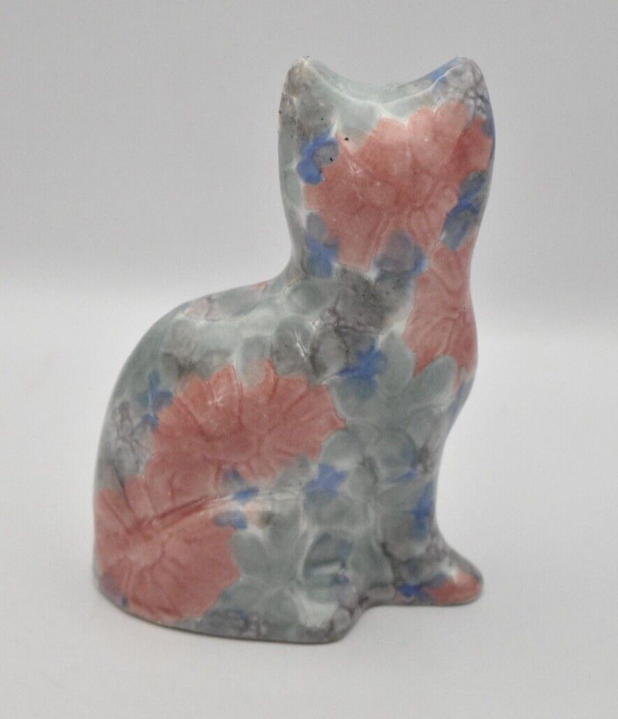 Park Rose Ceramic Cat Ornament Bridlington Pottery Blue Green Pink Floral