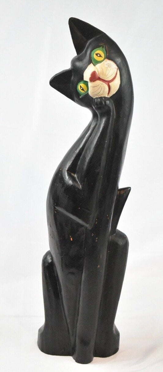 Vintage Hand Painted Wooden Black Cat Figurine Made In Indonesia