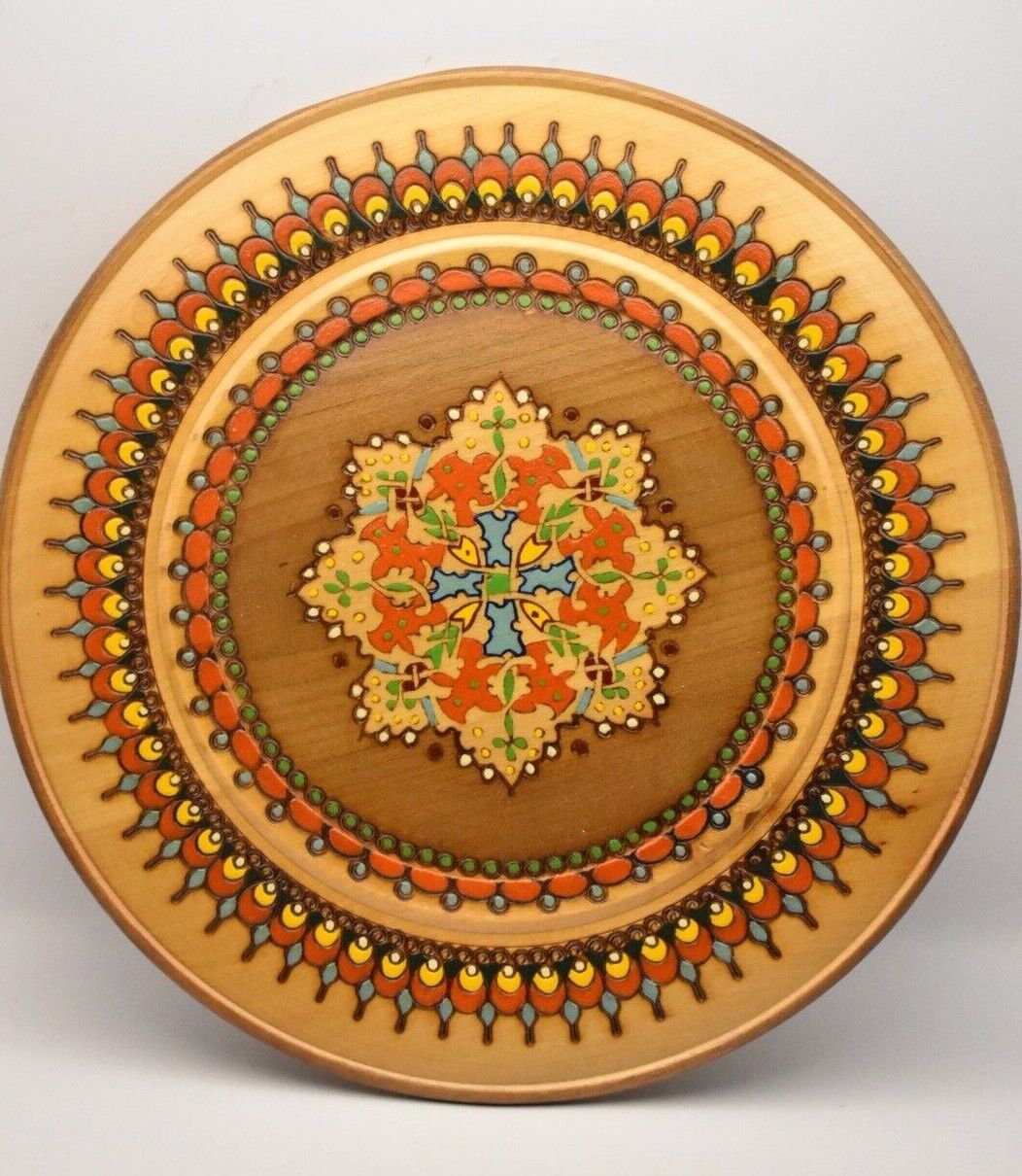 Vintage Ethnographic Wooden Bulgarian Collectors Plate Handpainted