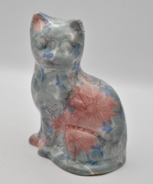 Park Rose Ceramic Cat Ornament Bridlington Pottery Blue Green Pink Floral