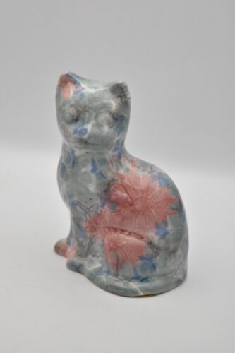 Park Rose Ceramic Cat Ornament Bridlington Pottery Blue Green Pink Floral