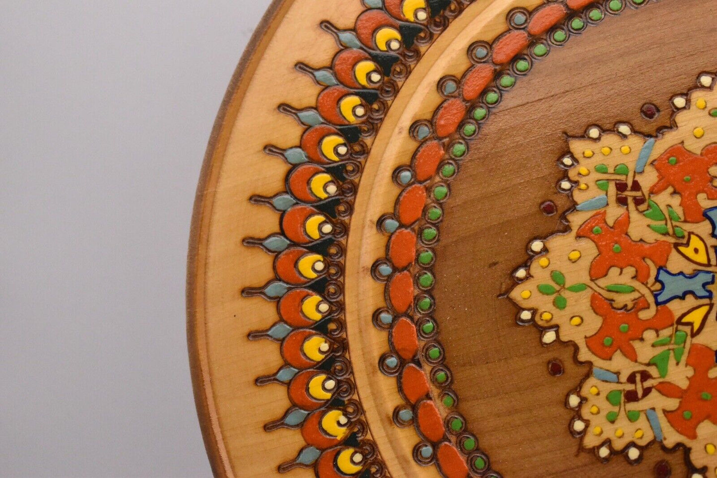 Vintage Ethnographic Wooden Bulgarian Collectors Plate Handpainted