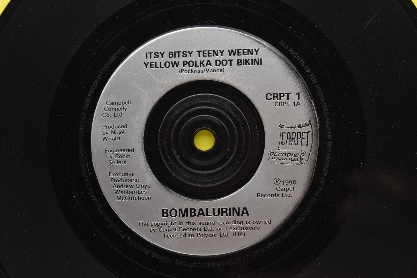 Bombalurina It's Bitsy Teeny Weeny Yellow Polka Dot bikini 7" Vinyl Single 1990