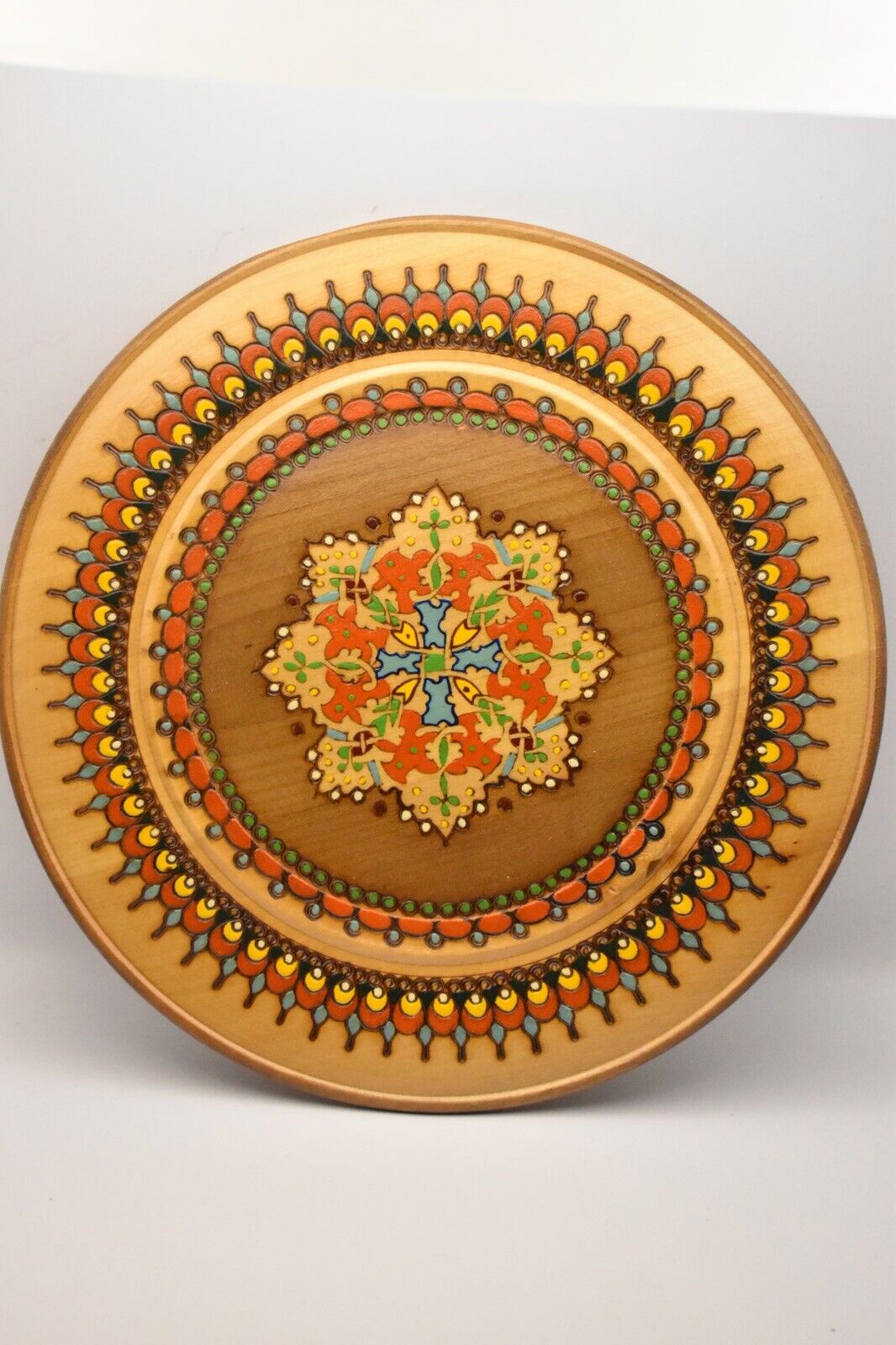 Vintage Ethnographic Wooden Bulgarian Collectors Plate Handpainted